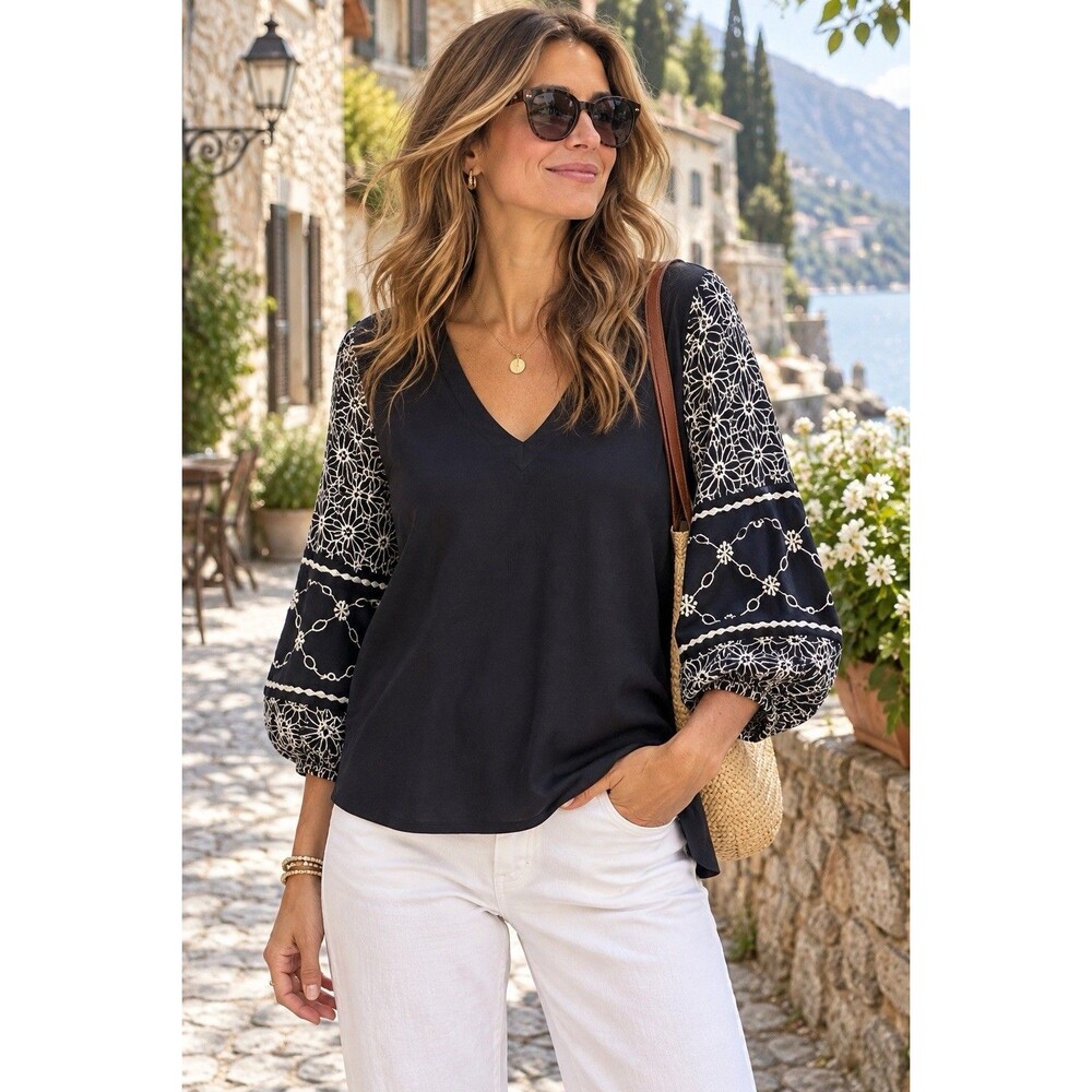 J. Jill Women’s XL Navy Blue Embroidered Balloon Sleeve V-Neck Boho Top Shirt